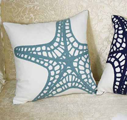 Embroidered Nautical Decor Pillow Cover,Square 18 Inches Decorative Canvas Pillow Cover for Nautical Style Deco by (Seagreen-Starfish-New)