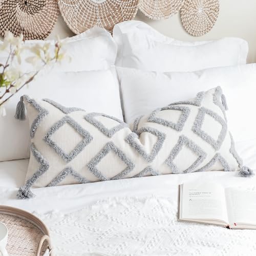 PANOD Decorative Long Lumbar Pillow Cover 16x36 Boho,Super Soft Chenille Extra Long Lumbar Pillow Case Cover with Tassel for Bed Sofa Couch Farmhouse Livingroom,Grey,Modern Skinny - color: 2-grey, size: 36" x 16" (Pack of 1)