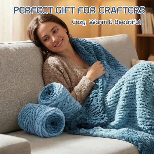 Beginner Chunky Yarn for Hand Knitting Ombre Blankets, Plush Chenille Fade | Long-fade ombre chenille chunky yarn - #7 Jumbo - 42oz/1200g - 162 Yards - Deep Sea Blue - color: Deep Sea Blue (0.8" Thick)