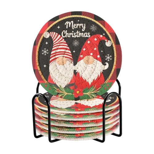 Caikeny 6 Pcs Drink Coasters with Metal Holder Christmas Gnomes Buffalo Plaid Absorbent Coasters Red Black Decorative Woven Coaster Set for Coffee Table - color: Multi 10k1.29
