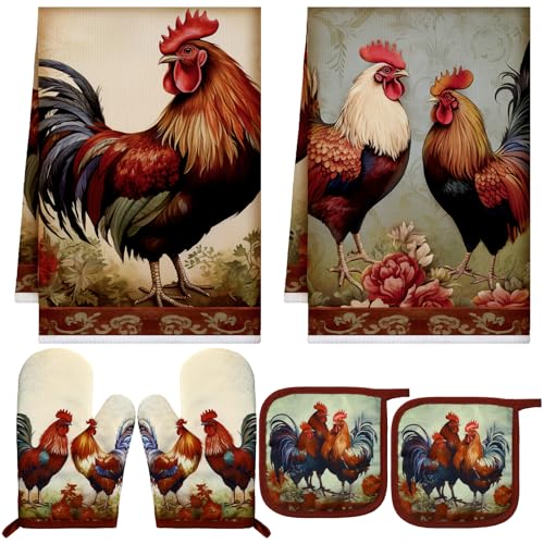 Bencailor 6 Pcs Rooster Chicken Kitchen Decor Rooster Kitchen Towels Brown Pot Holders and Oven Mitts Sets 2 Farmhouse Cooking Mittens for Cooking Grilling Supply Accessories - color: Red, style: Retro Rooster