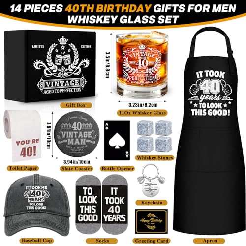 40th Birthday Gifts for Men Whiskey Glass Set, 40th Birthday Party Supplies with 11 Oz Whiskey Glass Coaster Stone Baseball Cap Apron Sock Toilet Paper Keychain for Him, Dad, Husband, Friends - style: 40th Birthday