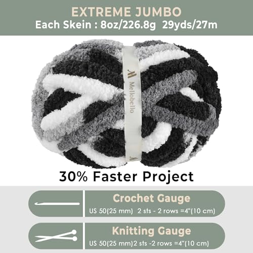 Jumbo Chunky Yarn for Hand Knitting - Super Thick Chenille Chunky Yarn for Crocheting - Extra Soft Bulky Fluffy Blanket Big Yarns 8 Jumbo Pack (27yds,8 oz Each Skein) - color: Graphite Snow