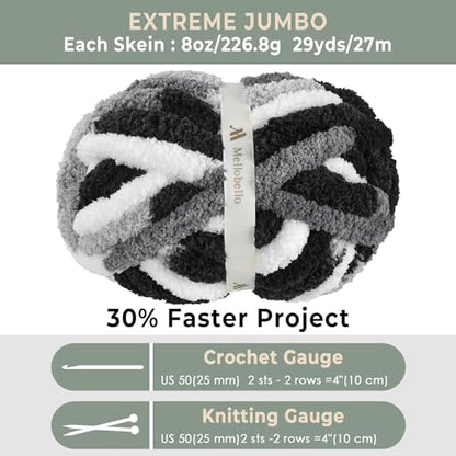 Jumbo Chunky Yarn for Hand Knitting - Super Thick Chenille Chunky Yarn for Crocheting - Extra Soft Bulky Fluffy Blanket Big Yarns 8 Jumbo Pack (27yds,8 oz Each Skein) - color: Graphite Snow