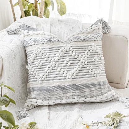 Gray Cream White Boho Throw Pillow Cover 20X20, Boho Woven Textured Pillow Cover, Neutral Pillow Cover, Sofa Couch Bed Farmhouse Lumbar Pillow (Cover ONLY) - color: Gray, size: 20" x 20" (Pack of 1)