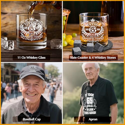 65th Birthday Gifts for Men Whiskey Glass Set, 65th Birthday Party Supplies with 11 Oz Whiskey Glass Coaster Stone Baseball Cap Apron Sock Toilet Paper Keychain for Him, Dad, Husband, Friends - style: 65th Birthday