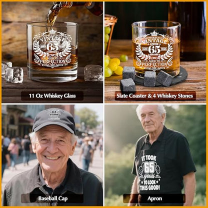 65th Birthday Gifts for Men Whiskey Glass Set, 65th Birthday Party Supplies with 11 Oz Whiskey Glass Coaster Stone Baseball Cap Apron Sock Toilet Paper Keychain for Him, Dad, Husband, Friends - style: 65th Birthday