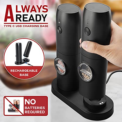 Electric Salt and Pepper Grinder Set of 2, Automatic Pepper Mill,USB Rechargeable, Adjustable Coarseness, One-handed Operation, Ceramic Burr,Refillable, Auto Grinders with Charging Base LED Light