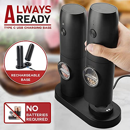 Electric Salt and Pepper Grinder Set of 2, Automatic Pepper Mill,USB Rechargeable, Adjustable Coarseness, One-handed Operation, Ceramic Burr,Refillable, Auto Grinders with Charging Base LED Light
