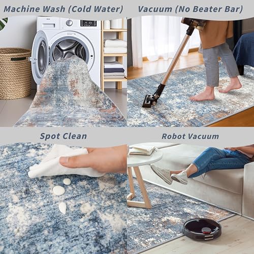 2x5 Washable Kitchen Rug Runner – Non-Slip Abstract Modern Neutral Small Rug for Bathroom, Hallway, Bedroom, Laundry Room, Entryway – Soft Low-Pile Thin with Rubber Backing (Blue Rust, 2x5) - color: Blue Rust, size: 2' x 5' (Rectangular)