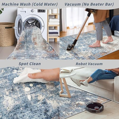 2x5 Washable Kitchen Rug Runner – Non-Slip Abstract Modern Neutral Small Rug for Bathroom, Hallway, Bedroom, Laundry Room, Entryway – Soft Low-Pile Thin with Rubber Backing (Blue Rust, 2x5) - color: Blue Rust, size: 2' x 5' (Rectangular)
