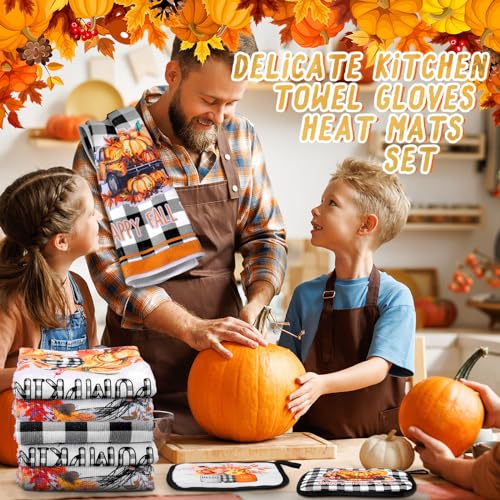 Pickmesh 12 Pcs Fall Kitchen Towels and Oven Mitt Sets 4 Maple Leaf Oven Mitts 4 Harvest Dish Towels and 4 Plaid Pot Pumpkin Holders Cooking Accessories for Thanksgiving Autumn Kitchen Decoration - style: Pumpkin