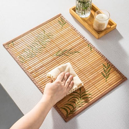 LOVECASA Placemats Set of 6, Bamboo Table Mats Set with Leaf Pattern, 18'' × 12'' Woven Placemat, Washable Heat-Resistant Place Mats for Kitchen, Brown Leaf - color: Brown