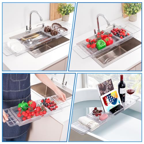 HOMEE Acrylic Expandable Bathtub Caddy Tray, Bath Tub Board for Bathroom | Adjustable Bath Tub Tray Table Organizer Fit Most Tubs for Storage Toiletries, Ideal for Home Spa, Bathroom Organization