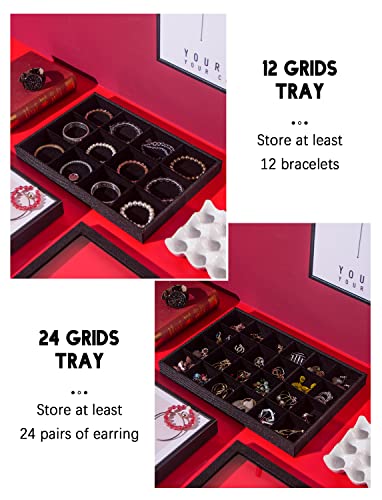 Julysky 5 Pcs/set Stackable Jewelry Organizer Trays with Glass Lid,100 Slots Ring Holder,Bracelet Displays Stand for Selling Necklace Earring Rack - size: 100slot+Necklice+12grid+24grid+glass lid