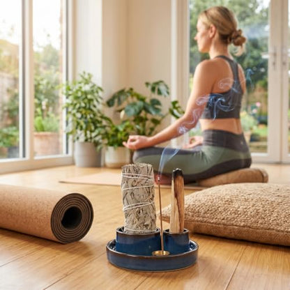 4 in 1 Ceramic Incense Holder, Multi-Function Incense Stick Palo Santo Sage Burner, Ash Catcher Tray for Meditation Yoga Room, Blue, 4.25 Inch