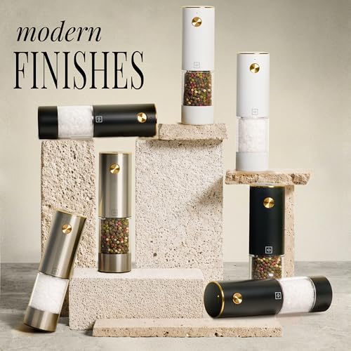 Styled Settings Rechargeable White Electric Salt and Pepper Grinder Set | Automatic Salt and Pepper Shaker Set with USB-C Port, LED Light, Adjustable Coarseness, One Touch Control, Stainless Steel - color: White