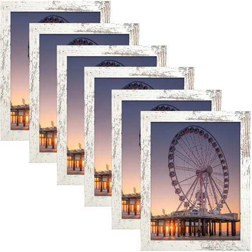 BESCRCL 8x10 Picture Frame Engineered Wood Set of 6, Distressed White Wooden Frame 8 x 10 for Wall or Tabletop - color: Distressed white, size: 8x10