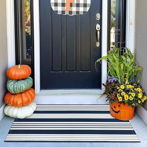Outdoor Mats for Front Door 24"x51" Fall Porch Rug Striped Outdoor Rug | Machine Washable Front Door Mat Outside Entrance Welcome Mats Cotton Woven Blue and White Outdoor Rugs for Entry/Porch Decor - color: Blue/White Stripe, size: 2' x 4'4" (Rectangular)