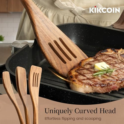 Kikcoin 7 PCS Durable Natural Teak Wooden Cooking Utensils Set, Non Toxic Wooden Spoons for Cooking, Wooden Utensil Set for Cooking with Comfort Grip, Nonstick & Easy to Clean Wood Kitchen Utensil Set - size: 7-Piece Set