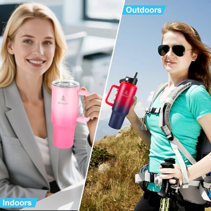 40 oz Tumbler with Handle and Straw or Convert to 40 oz Insulated Water Bottle Fits in Cup Holder. Stainless Steel Metal Water Flask with 2 Lids for Travel,Camping,Gym Sports Coffee Mug Thermal Cup - color: Ruby Red Navy