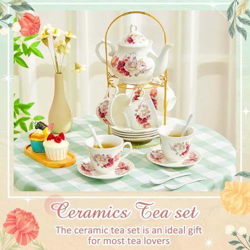 Zhehao 20 Pcs Porcelain Tea Set with Metal Holder and Spoon Adult Ceramic Tea Set European Flower Painting Teapot Cup Saucer Spoon for Women Mom Gift, Large Version (Grace Style) - color: Grace Style