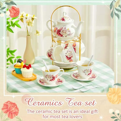 Zhehao 20 Pcs Porcelain Tea Set with Metal Holder and Spoon Adult Ceramic Tea Set European Flower Painting Teapot Cup Saucer Spoon for Women Mom Gift, Large Version (Grace Style) - color: Grace Style
