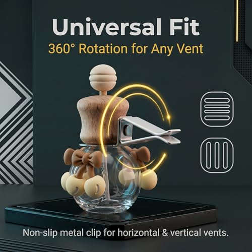 2 Pack Bow Refillable Car Vent Clip Diffuser Empty Glass Bottle | Wood cap aroma bottle with dropper, DIY essential oil freshener for car closet home bathroom - size: Bear-A2 - 2PCS