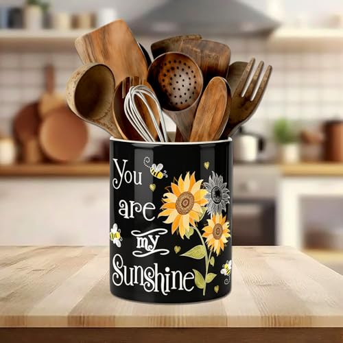 Sunflower Fall Kitchen Utensil Holder, Large You Are My Sun Ceramic Utensil Holder For For Kitchen Organizer, 6.3'' Cooking Utensil Crocks Farm Decor Countertop Utensil Storage Keep Kitchen Clean - color: You are my sunflower