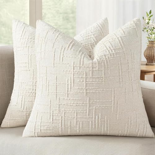 MIULEE Chenille Textured Throw Pillow Covers Cream White 16x16 Set of 2 | Slubby Decorative Pillows, Boho Farmhouse Home Decor, Modern Neutral Cushion Covers for Couch Sofa Bed Living Room - color: Cream White, size: 16" x 16" (Pack of 2)