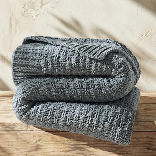 EVERGRACEHOME Chunky Chenille Knit Throw Blanket, Dusk Blue, 50" x 60" | Basketweave Chenille Knit, OEKO-TEX Certified, Lightweight Warmth, Modern Farmhouse, Decorative Throw for Couch, Bed & Sofa - color: Dusk Blue, size: 50" x 60"