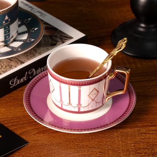 KAMMAK Tea Cups and Saucers Set of 2, Porcelain Coffee Cups, NX041 | Gold Rim, Stackable Espresso Mugs, Ceramic Demitasse for Coffee, Latte, Americano, Afternoon Tea, Elegant Gift for Women - size: 8CZNX041+42