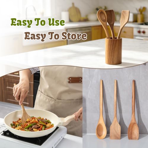 Wooden Spoons For Cooking, Wood Kitchen Cooking Spoons Utensil, 12 Inch Acacia Spoon Spatula Scraper Utensils Set, Cooking Gadgets Safe for Nonstick Cookware Use Set of 3 - style: Wood Spoon Spatula Set of 3
