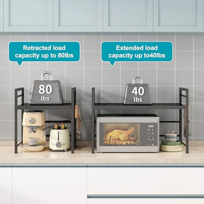 DOLALIKE Microwave Oven Rack, Expandable Microwave Stand Countertop Kitchen Utensils Tableware Storage, Carbon Steel Over Microwave Shelf Countertop with 3 Hooks (Pack of 2) - color: Black, size: 2 Tier (Without Spice Rack) (Pack of 2)