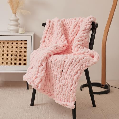 Chunky Knit Blanket Throw for Couch 40"×40" Pink | 100% Handmade Knitted Throw Blanket Fluffy Soft Blanket with Jumbo Chenille Yarn Thick - color: Pink, size: 40"*40"