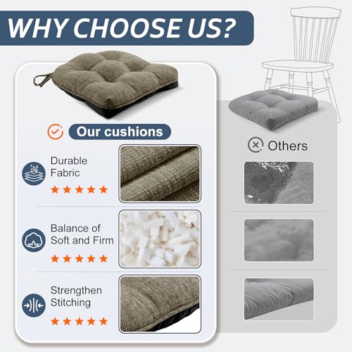 Basic Beyond Chair Cushions for Dining Chairs 4 Pack, Dining Seat Cushions with Ties and Non Slip Backing, 15.5 x 15.5 inches Tufted Kitchen Chair Pads (Khaki) - color: Khaki, size: 4 Count (Pack of 1)