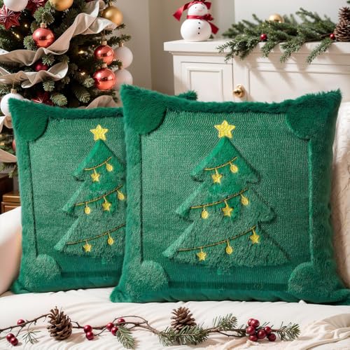 Faux Fur Christmas Pillow Covers 18x18 Set of 2 | Green Christmas Tree Soft Plush Farmhouse Decorative Cushion Case for Couch Christmas Home Decor - color: Green Embroidered Tree, size: 18" x 18" (Pack of 2)