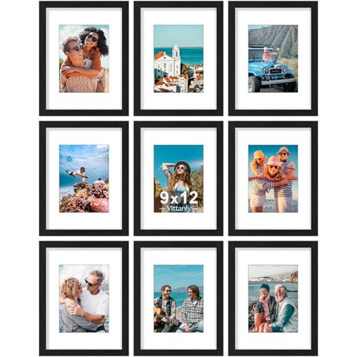 Vittanly 9x12 Picture Frames Set of 9 for Wall or Tabletop Display, Black | Display Pictures 6x8 with Mat or 9x12 without Mat, Engineered Wood with Shatter Resistant Plexiglass, Gallery Photo Frames - color: Black, size: 9x12