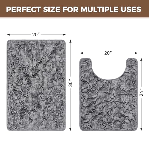 Bcoimo U Shaped Bath Rug Mat Set,2 Piece Chenille Gray Toilet Bathroom Rugs | Extra Soft Bathroom mat set;Non Slip with Rubber Back Bath Mats;High Absorbent And Quick Dry Microfiber mat; Machine Washable - color: Grey, size: U24×20 Plus 30×20
