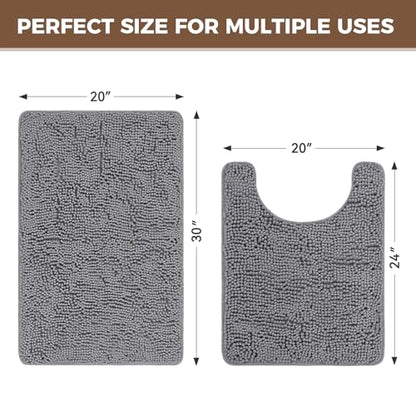 Bcoimo U Shaped Bath Rug Mat Set,2 Piece Chenille Gray Toilet Bathroom Rugs | Extra Soft Bathroom mat set;Non Slip with Rubber Back Bath Mats;High Absorbent And Quick Dry Microfiber mat; Machine Washable - color: Grey, size: U24×20 Plus 30×20