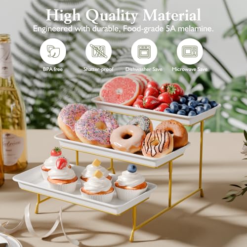 Bumusty 3-Tier Melamine Serving Tray Set, 11.5 x 5.6 in, Gold Stand | Melamine Reusable Platters with Metal Display Stand for Cupcakes, Desserts, Fruit, Cookies, Parties, Birthdays and Holidays - color: Gold, size: 11.8" x 5.7"