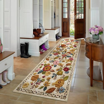 Washable 2.6x8 Runner Rug, Beige Boho Floral Non-Slip for Hallway, Kitchen | Soft Low-Pile Faux Wool Area Rug for Bedroom, Nursery, Bathroom, Laundry, Kid & Pet Friendly, Stain, Fade & Wear Resistant - color: Beige, Cream, Mustard, Brick Red and Blue, siz