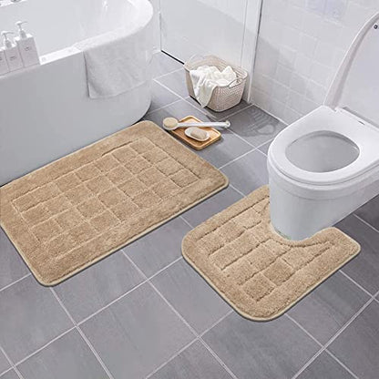 HEBE Bathroom Rug Set 2 Piece, Non Slip Washable Microfiber Bath Mat Set | Super Soft Absorbent Bathroom Mats, Fluffy Bath Rug with U-Shaped Contour Toilet Mat Set for Tub, Shower, Beige