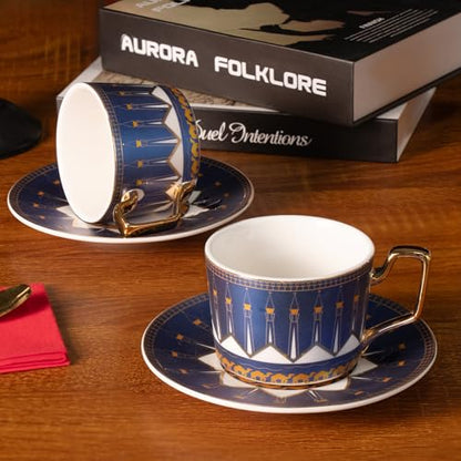 KAMMAK Tea Cups and Saucers Set of 2, Porcelain Coffee Cups, NX029 | Gold Rim, Stackable Espresso Mugs, Ceramic Demitasse for Coffee, Latte, Americano, Afternoon Tea, Elegant Gift for Women - size: 8CZNX029