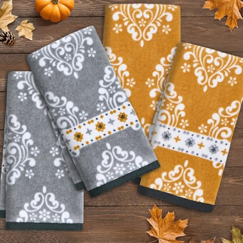 VOOVA & MOVAS Damask Bathroom Hand Towels 4PC 15"x25", 100% Cotton | 400GSM Fluffy Texture, Soft & Absorbent, Non-thick Lightweight Design, Dual Gray and Gold Damask for Guest & Daily Use - color: Gold + Gray, size: 4PC Hand Towels