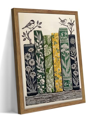 Framed Vintage Botanical Books Canvas Wall Art, Floral Books with Birds Poster Print, Retro Nature Library Reading Gift, Modern Literary Wall Decor for Study Living Room Office 16x24in - color: Books and Nature, size: 24"L x 16"W
