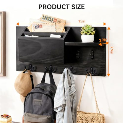 Key Holder Wall Mount, Wooden Mail Organizer with Hooks, Storage Shelf, Letter Box & Green Plant Decor, Practical Wall Entryway Organizer, Black