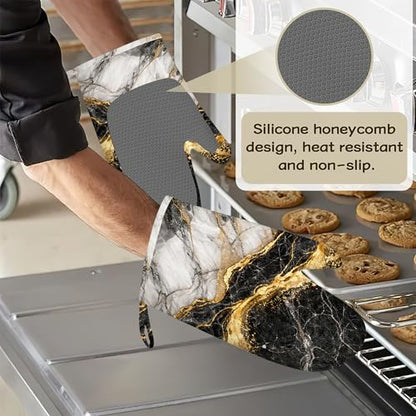 Black White Gold Flowing Marble Oven Mitts and Pot Holders Sets Silicone Kitchen Mitts Potholders Heat Resistant 4Pcs Oven Gloves Hot Pads for Kitchen Baking Cooking - color: Black White Gold Flowing Marble