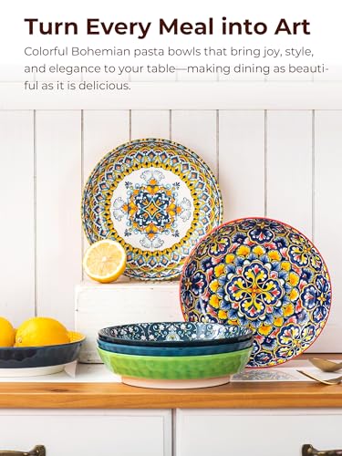 HENXFEN LEAD Pasta Salad Bowls Set of 6, Wide and Shallow Serving Bowls for Kitchen 32 Oz - 8 Inch Porcelain Soup Bowl, Pasta Plates Dishwasher & Microwave Safe - Bohemian style | Assorted Patterns, 8 Inch Pasta Plates with Wide and Shallow Design, Microw
