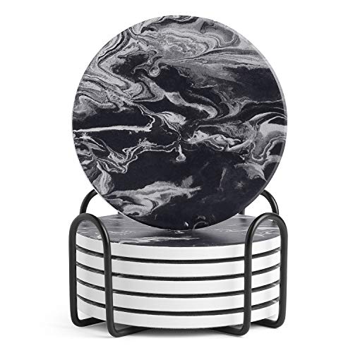 LIFVER Coasters Set of 6, Coasters for Drinks Absorbent Stone with Holder, Black Marble Style Ceramic Drink Coaster for Tabletop Protection, Coffee Table Decor Ideal for Home Decor House Warming Gifts - color: Dark Ink Marble, size: 6 Pack